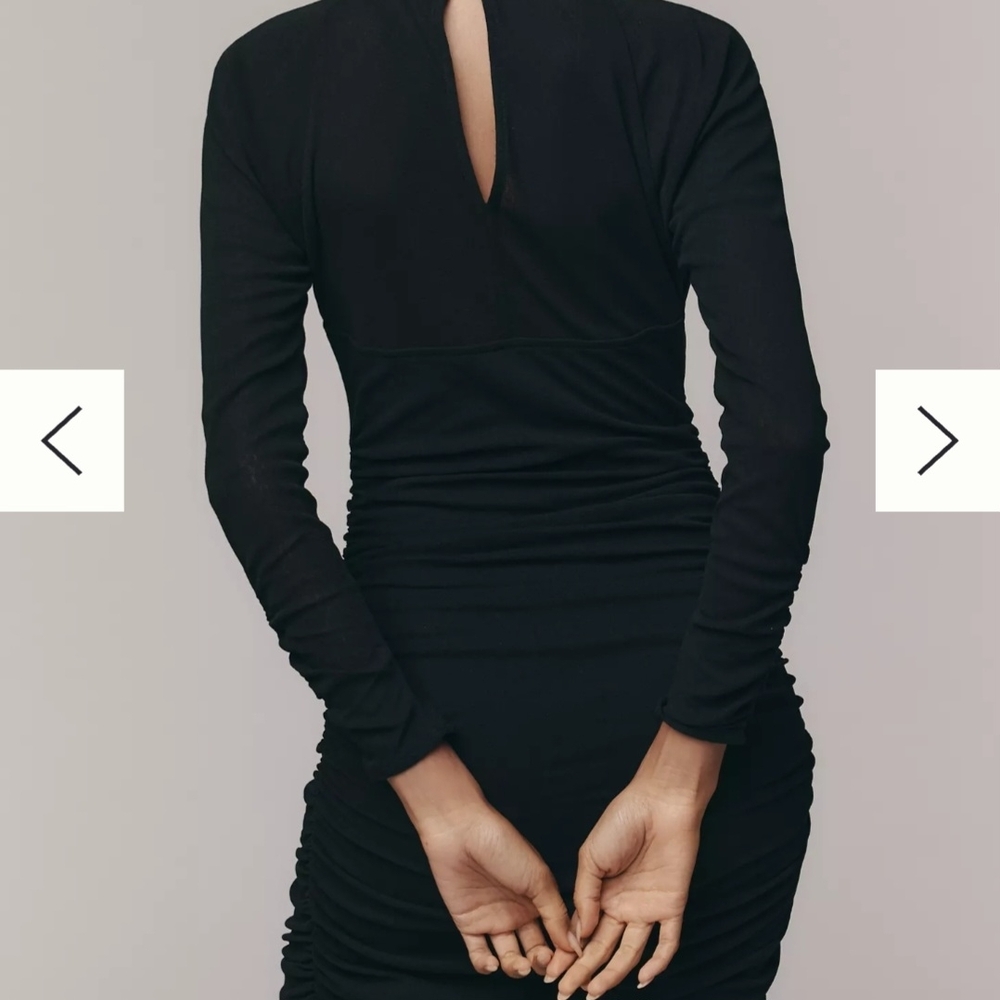 NWT Anthropologie Black Vneck Ruched Midi Mesh Dress Size L - Picture 3 of 11